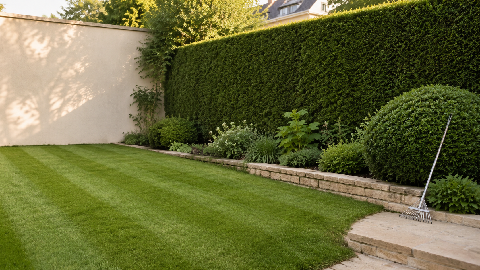Gepflegter privater Garten mit frisch gemähtem Rasen und geschnittener Hecke